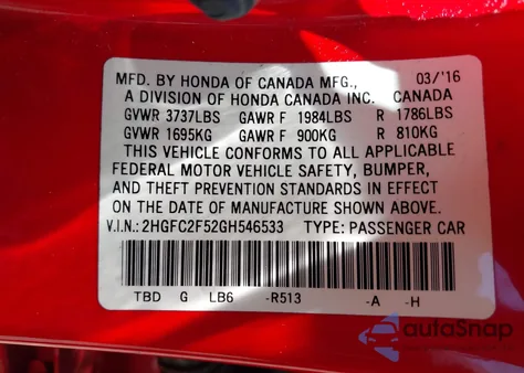 2016 Honda Civic Lx z USA, uszkodzony, nr VIN 2HGFC2F52GH546533